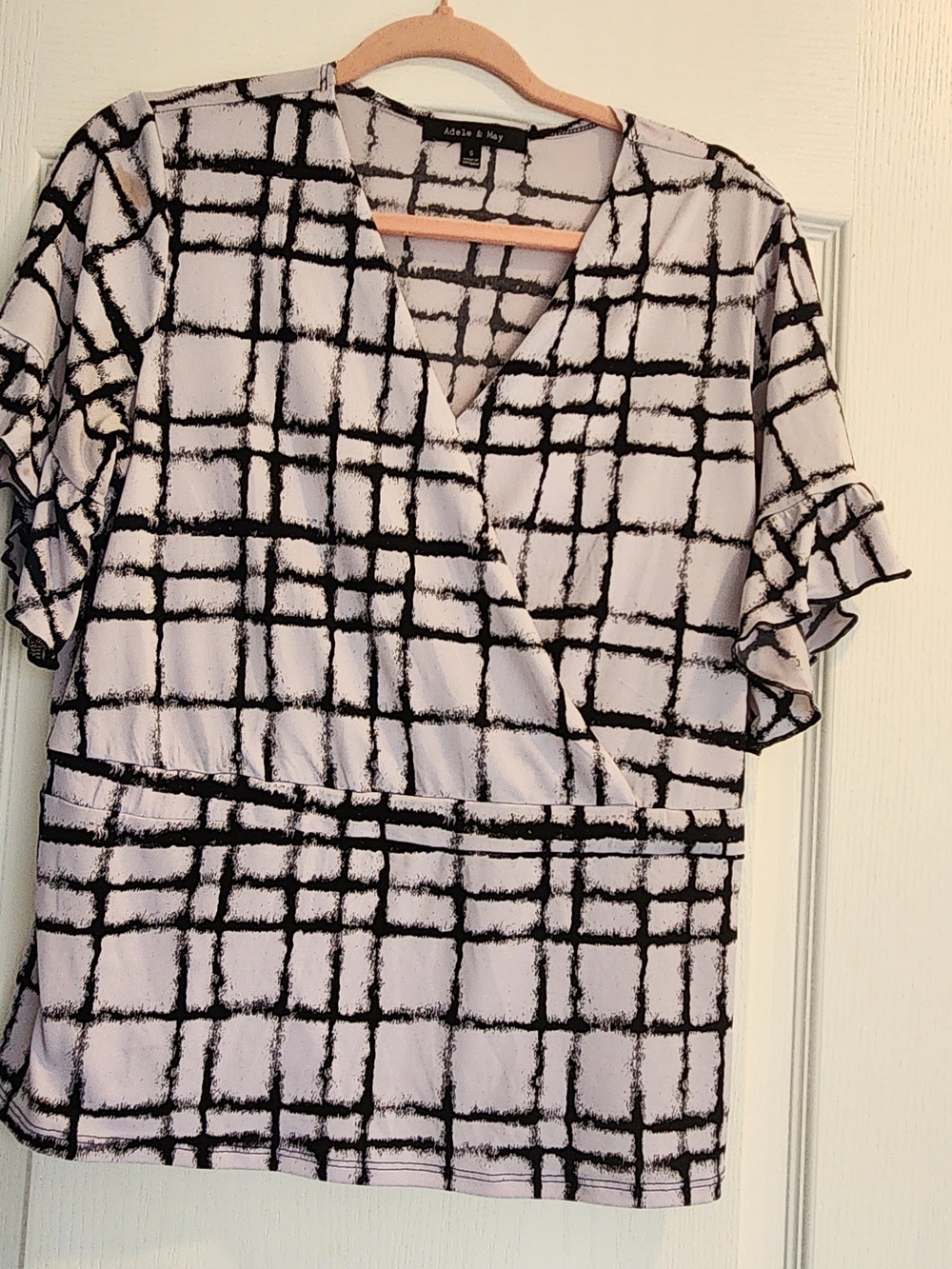 Adele & May Black & White Grid Wrap-Style Blouse S Euc